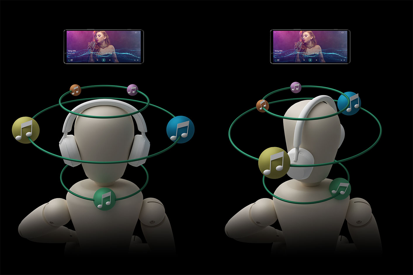 An annotated diagram displaying the head tracking function of the ULT WEAR headphones.