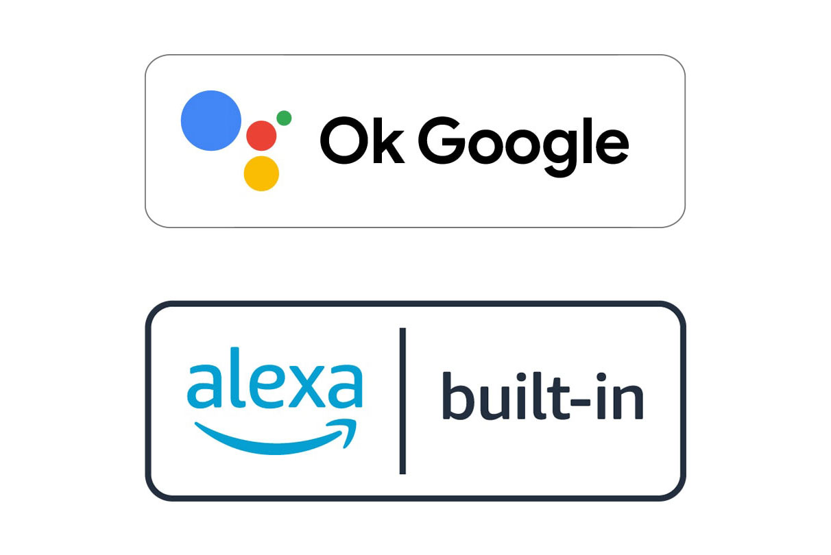 Imagem do logotipo OK Google e logótipo Alexa built-in