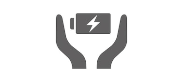 Icon of the Battery Care logo, which consists of two hands around a charging battery.