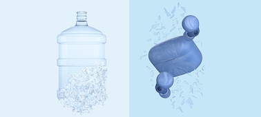 Image of a water bottle breaking down into tiny fragments of plastic, next to an image of LinkBuds S in Earth Blue, surrounded by plastic fragments