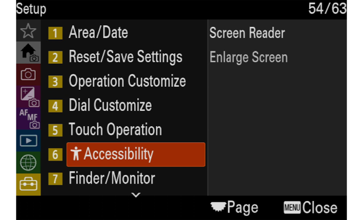 Imagem de produto que mostra o menu "Configurar" da câmara com a opção "Acessibilidade" selecionada