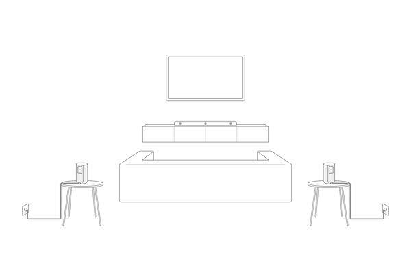 Illustration showing SA-RS5 speakers connected to AC power on individual tables