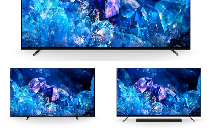 Image showing 3-way multi-position stand and BRAVIA TV with screenshot of blue crystals