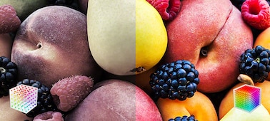 Close up of fruit including blackberries, lemon and peaches