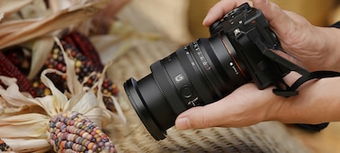 A usage image showing a user shooting a colourful corn at the minimum focus distance of the FE 24-50mm F2.8 G