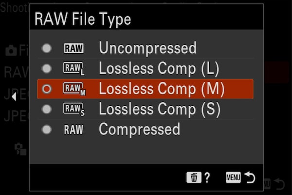 Imagem de produto que mostra o menu “Tipo de ficheiro RAW” da câmara com a opção “Comprimido sem perdas (M)” selecionada