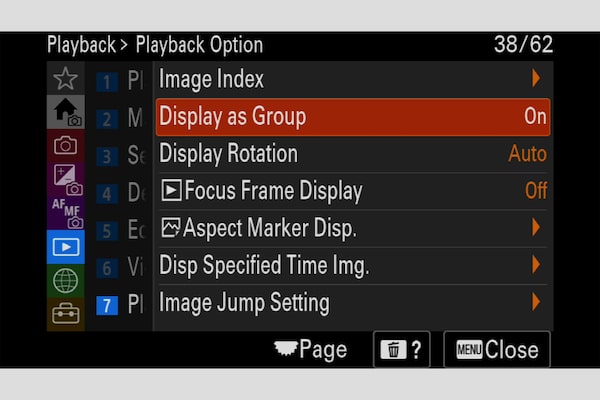 Imagem do menu para reprodução de fotografas com a opção "Ver como grupo" selecionada