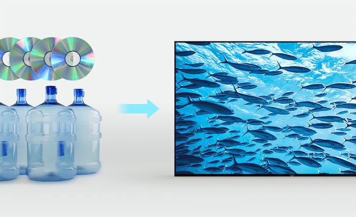 Image of four plastic bottles and four compact discs on left side of image and an arrow pointing to a BRAVA TV with a screenshot of fish swimming in an ocean on right side of image