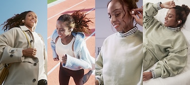 Split screen image of a woman wearing LinkBuds S while walking, jogging on a running track, sitting at her desk and relaxing on a bed