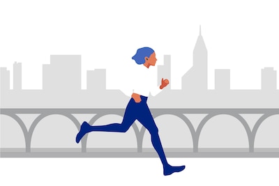 Image of person running across a bridge.