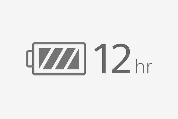 Graphic of battery on full charge showing 12 hour battery life