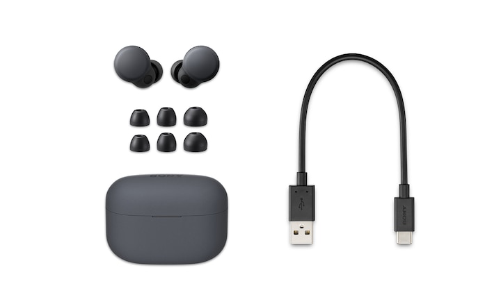 Image of the LinkBuds S case in grey with LinkBuds S, 3 extra pairs of earbud tips and a USB-C charging cable