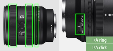 Split screen: the left-side view of the lens with focus, zoom, and aperture ring highlighted (left); the right-side view of the lens with aperture click switch highlighted (right)