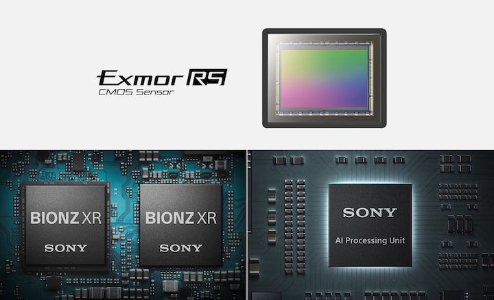 Ilustração do sensor de imagem Exmor RS™, motor de processamento de imagem BIONZ XR™ e unidade de processamento por IA